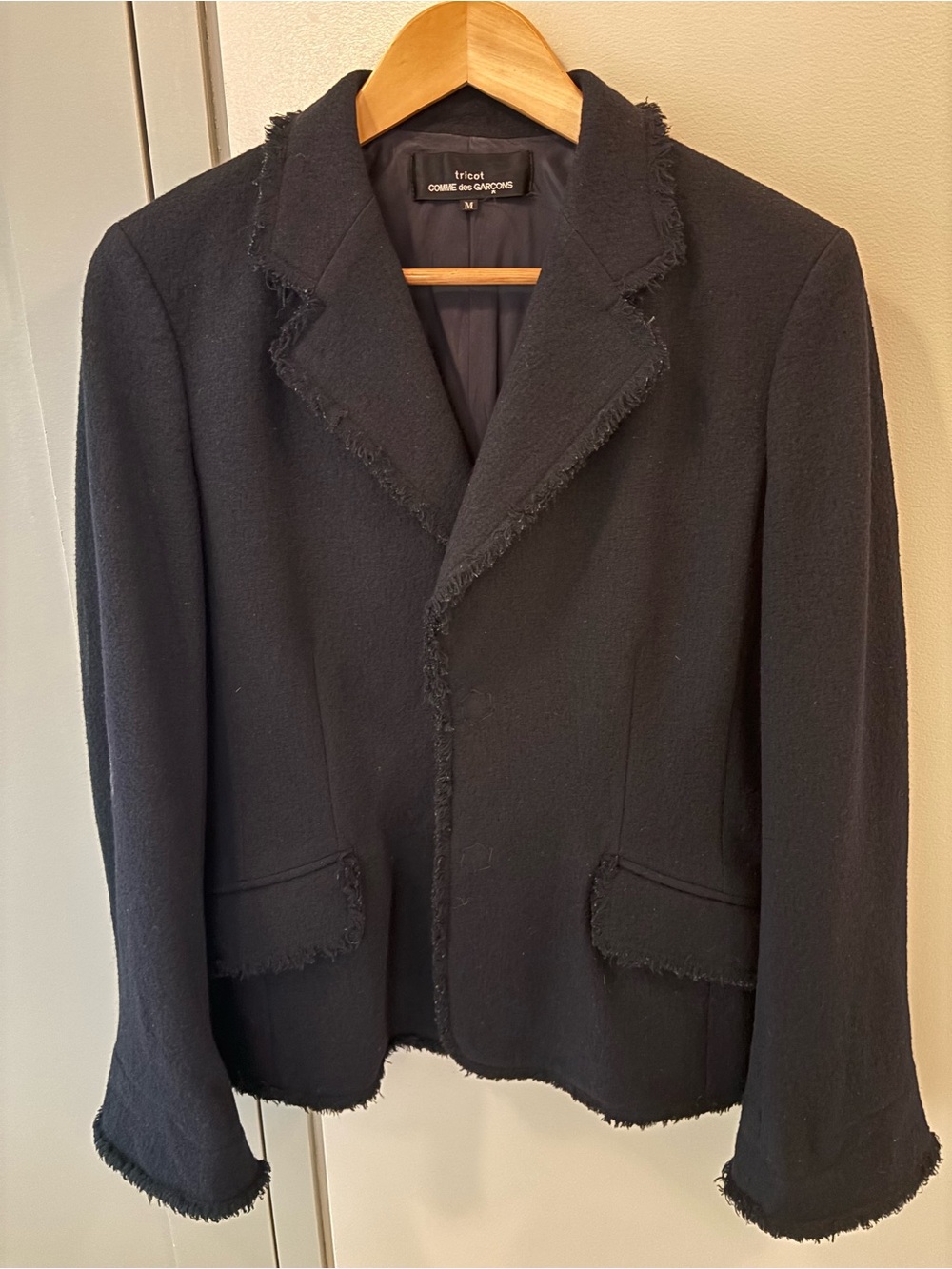 Comme Des Garçon Women's Wool Black Frayed Edge Blazer